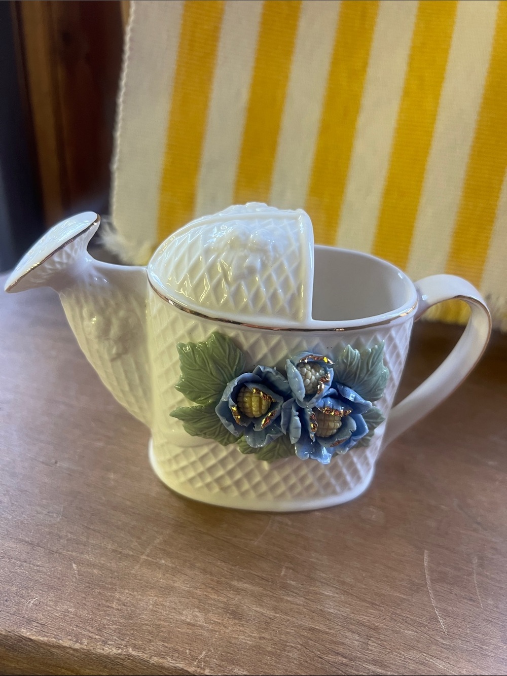 Vintage White Ceramic Watering Can Vase with Blue Floral Accents